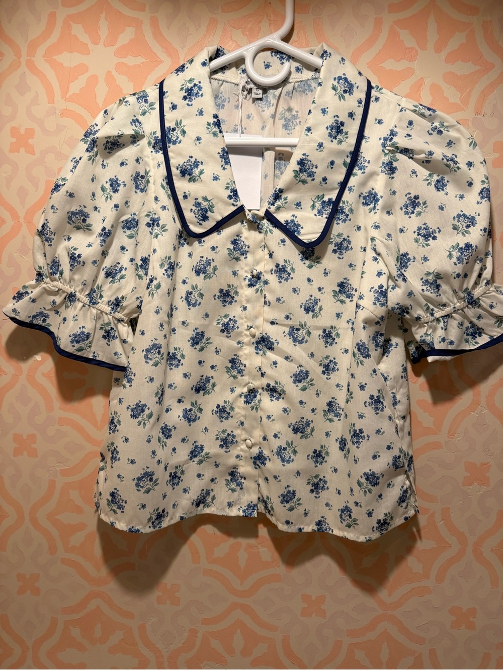 Polagram Cream Blouse with Blue Floral Print and Navy Trim